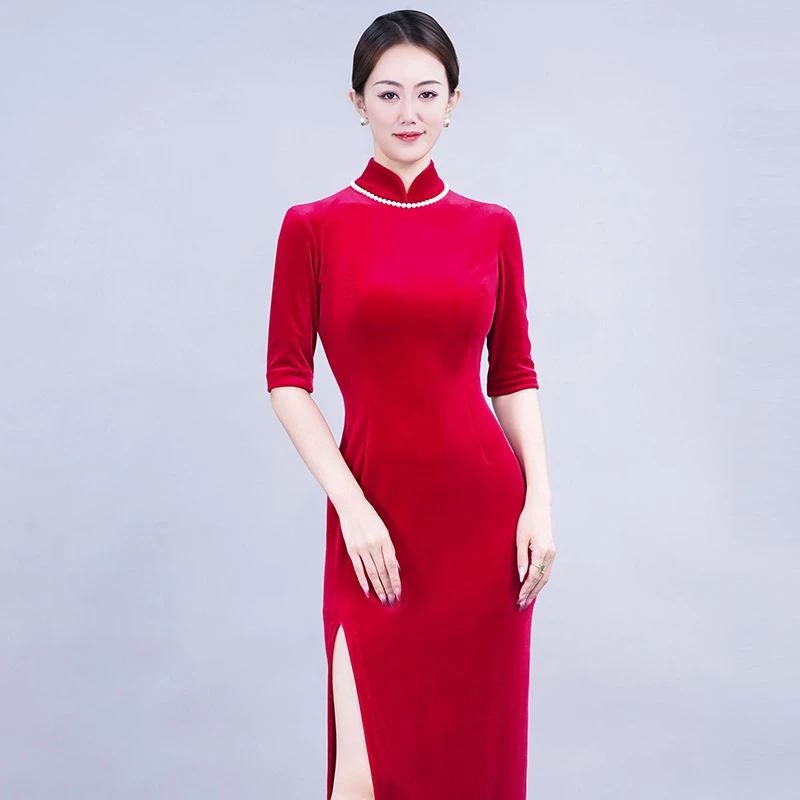 《旗袍大师专属》金丝绒红色日常修身旗袍