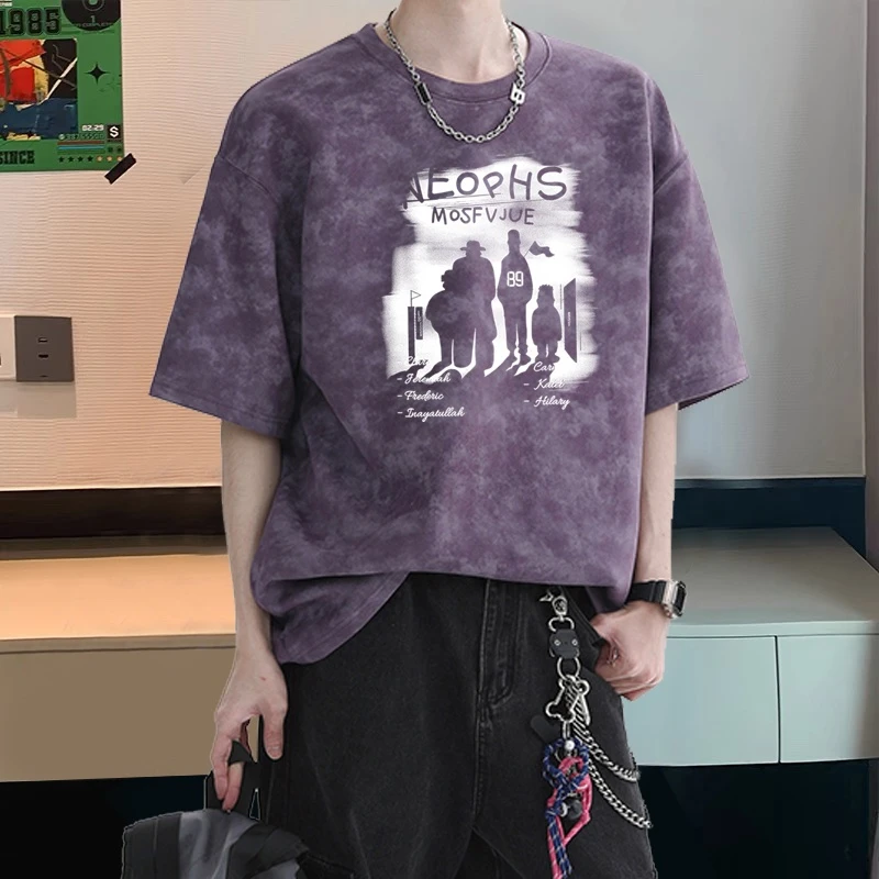 青少年扎染纯棉短袖t恤男生宽松大码上衣美式潮牌时尚情侣半截袖