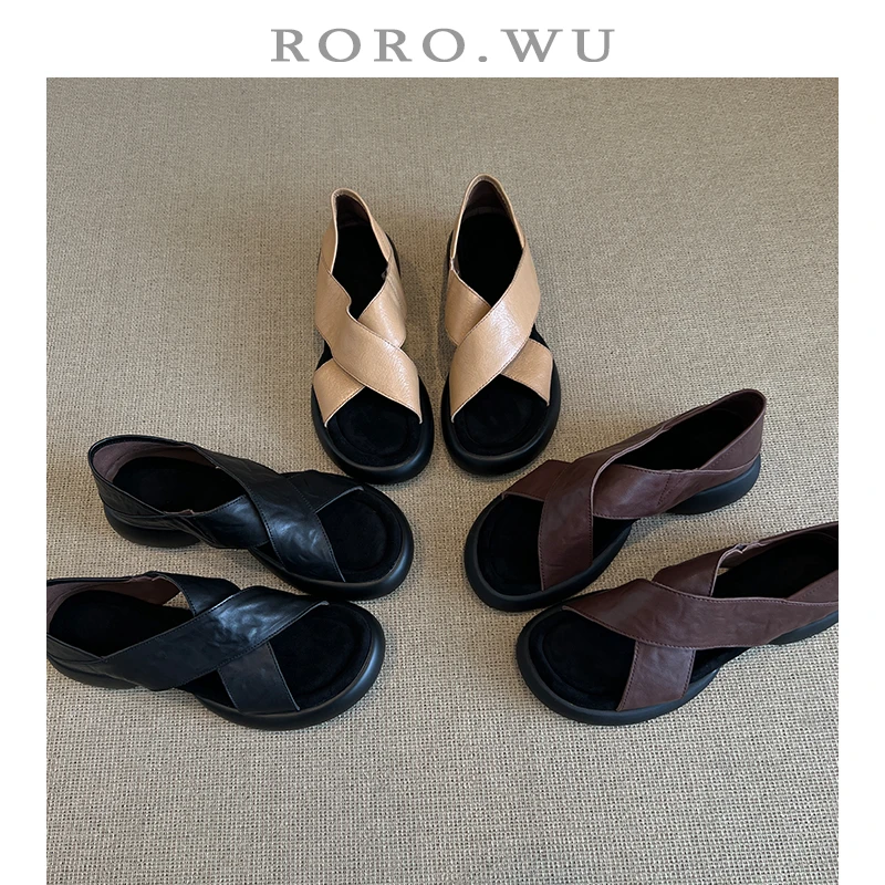 娆娆吴·头层牛皮夏季简约交叉露趾厚底增高时尚百搭凉鞋T384
