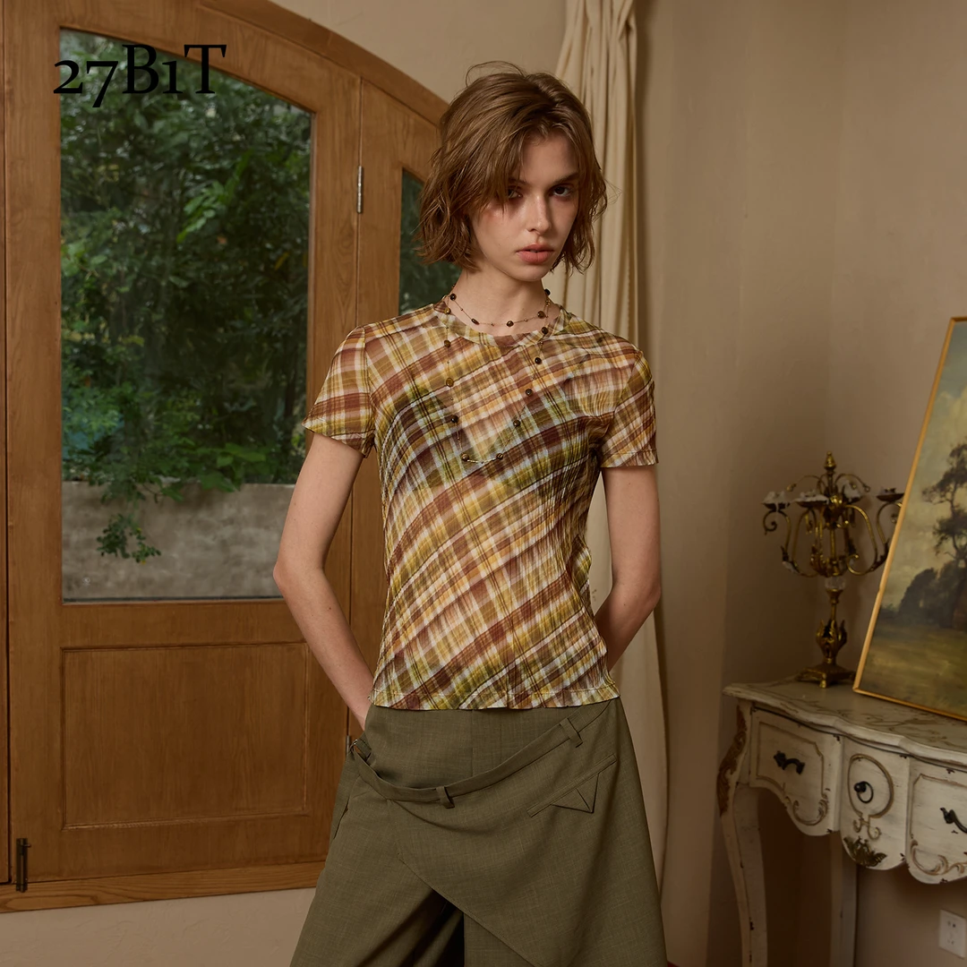 27B1T 黄咖色复古弹力网纱印花上衣压褶显瘦25夏季新款BDWWR2N210