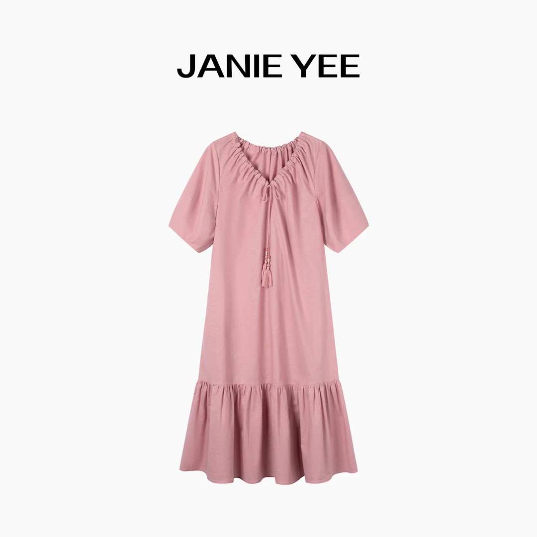Janie Yee"嗲嗲裙" 亚麻棉慵懒风度假老钱宽松长款连衣裙 25A2690