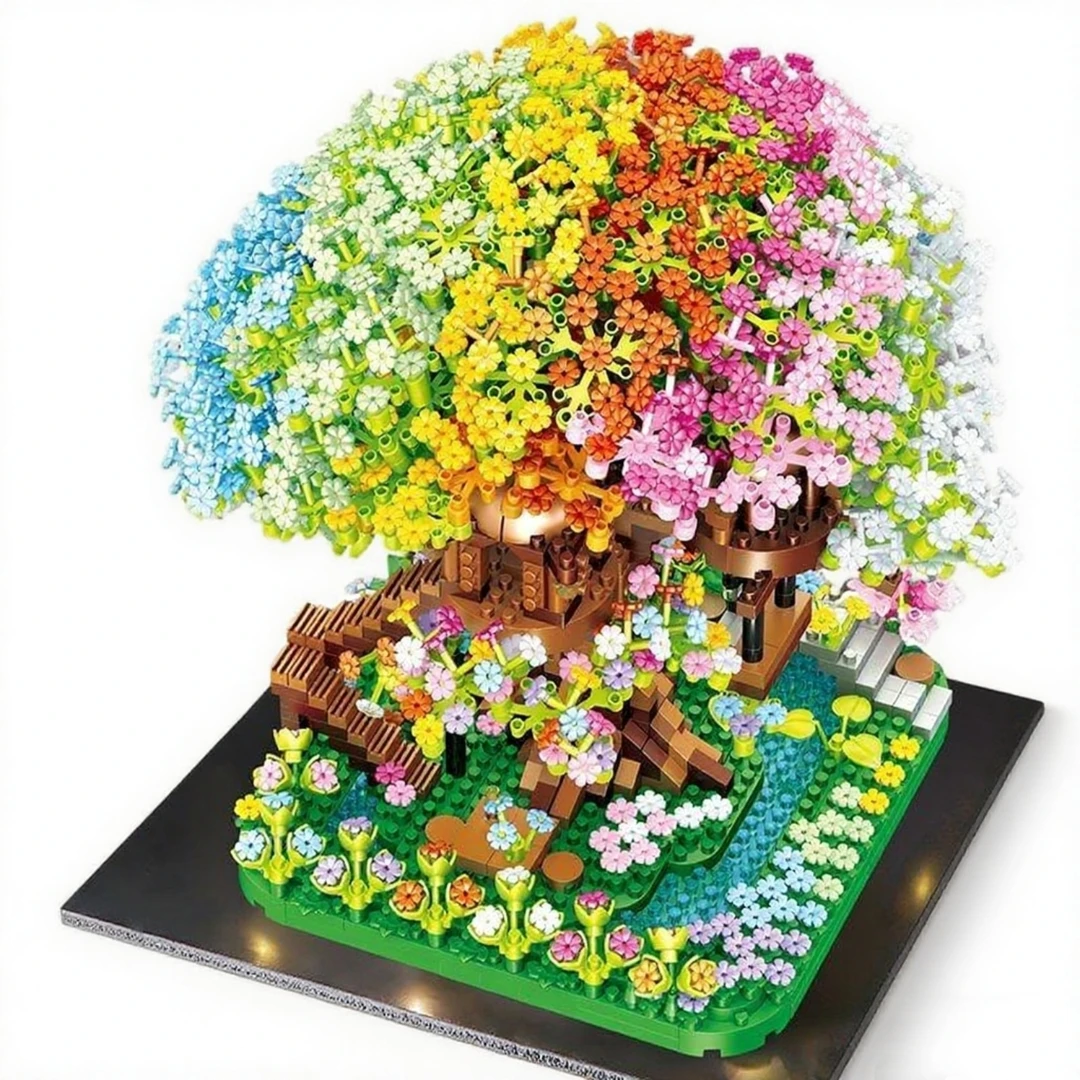 潮玩彩虹樱花树屋积木拼装益智玩具可作桌面摆件玩具生日礼物装饰