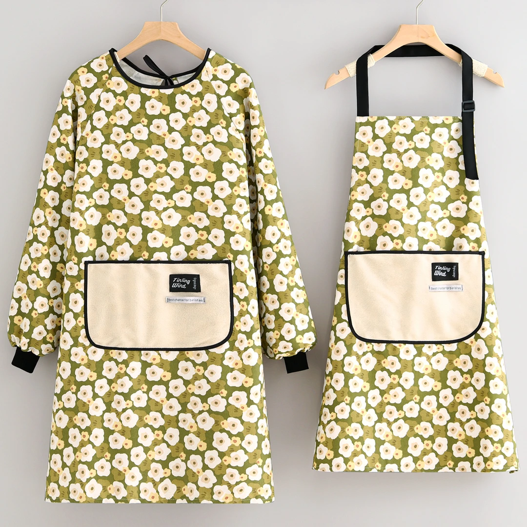 小清新帆布围裙轻薄防污厨房做饭家用餐饮工作服长袖罩衣透气耐脏