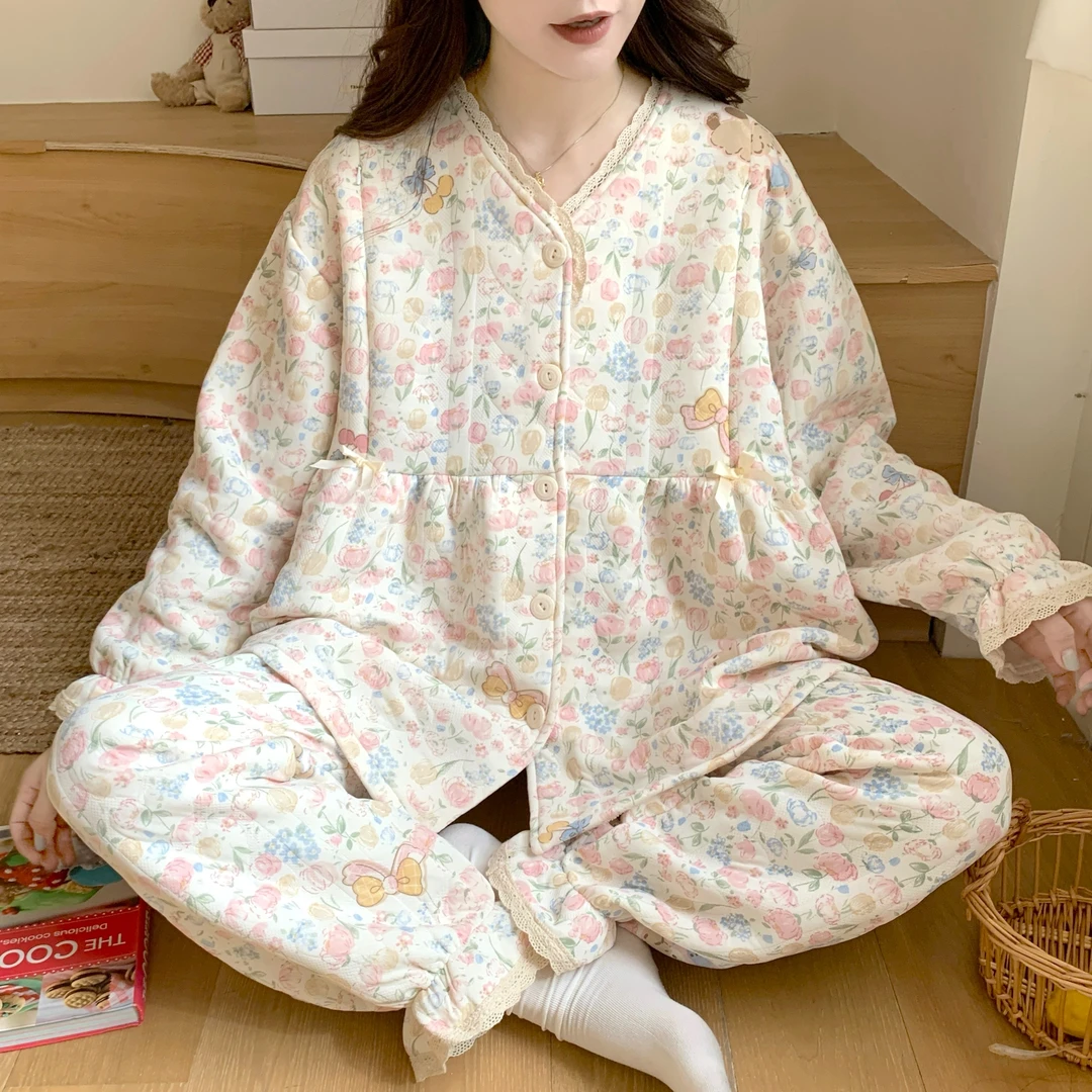 空气棉月子服女秋冬季产后加厚夹层纯棉哺乳睡衣孕妇家居服春秋款