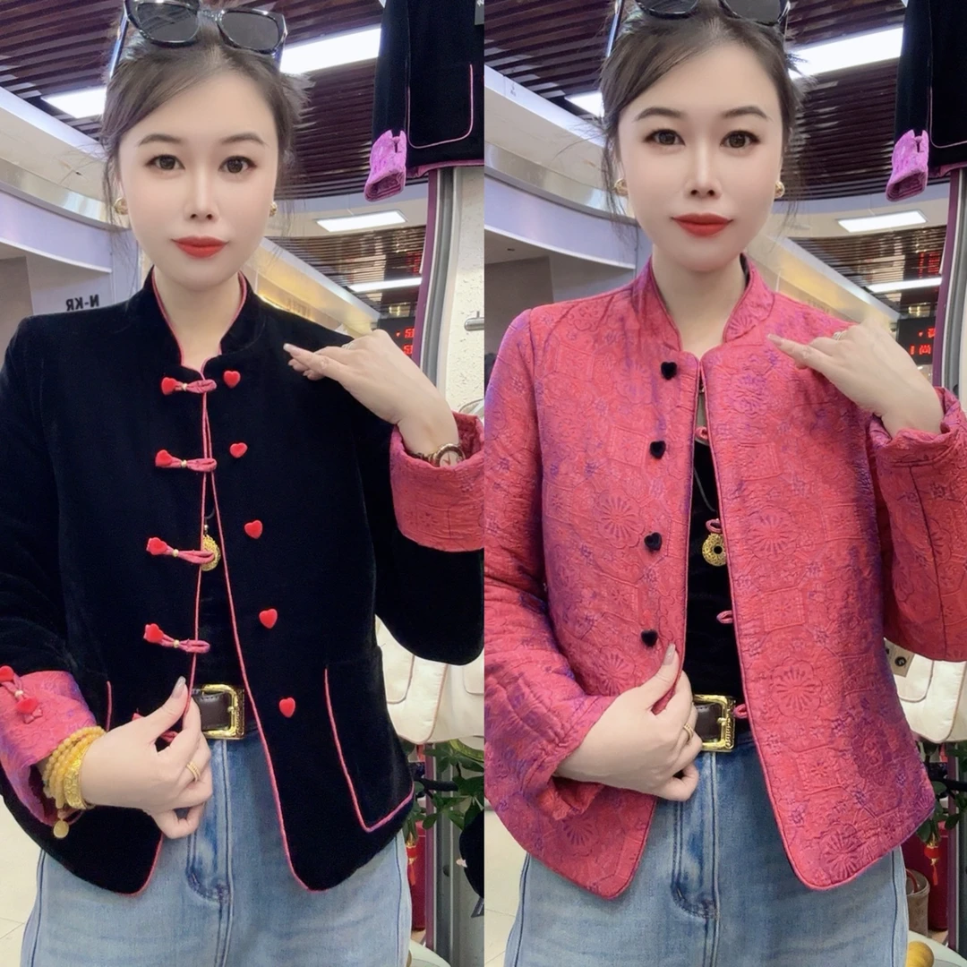 8252冬款单排扣对襟立领长袖ins短外套上衣复古中国风网红时尚