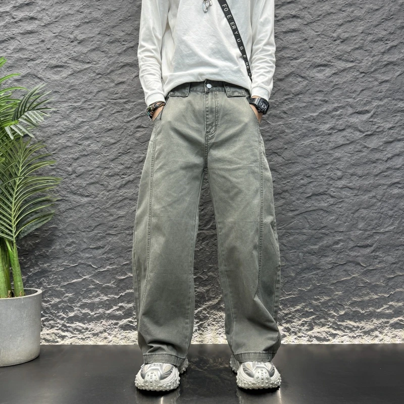拼接纯色简约牛仔弯刀裤2025秋冬新款男士男士秋季宽松弯刀牛仔裤