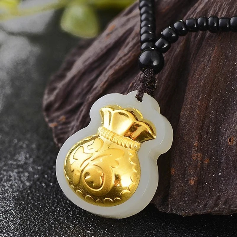 足金999镶和田玉福袋吊坠男女通用挂件手工复古精美百搭礼物时尚