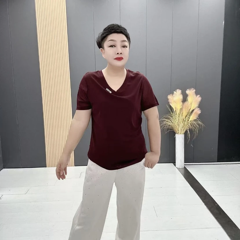 3055大码洋气V领T恤纯色修身时尚夏季网纱上衣