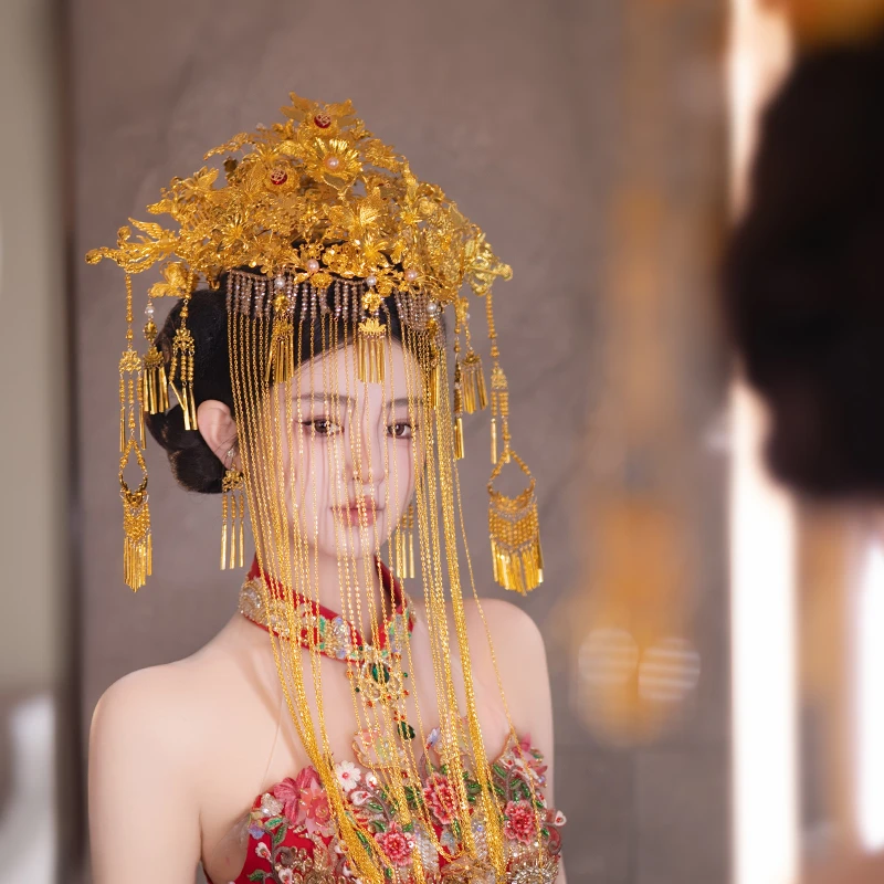 合金婚庆饰品 新娘奢华中式婚礼金色面帘大凤冠敬酒礼服发饰8531