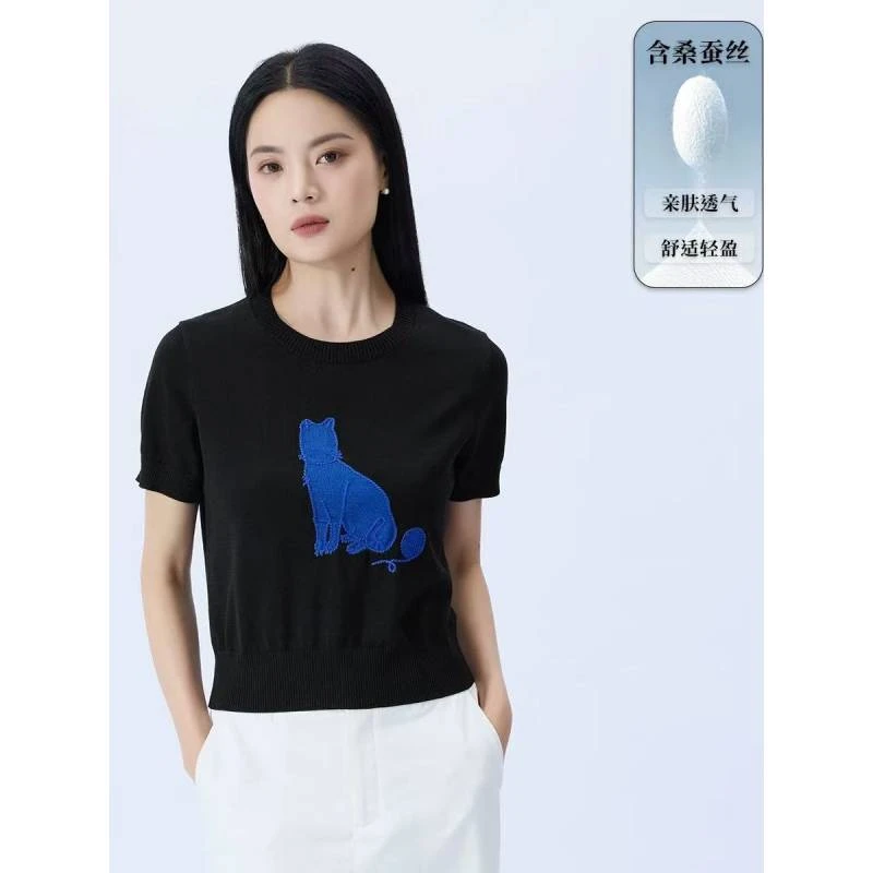 S.Y.C【蓝猫刺绣】桑 蚕 丝+天 丝莱赛尔圆领刺绣图案T恤女