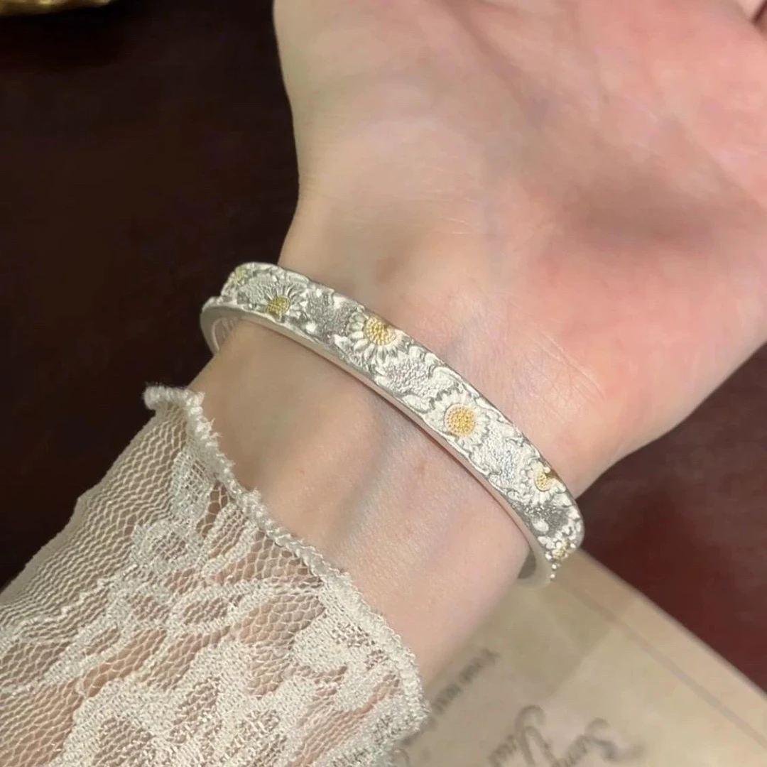 足银手镯 足银999.9描金雕刻心经小雏菊开口实心手镯SZ015X