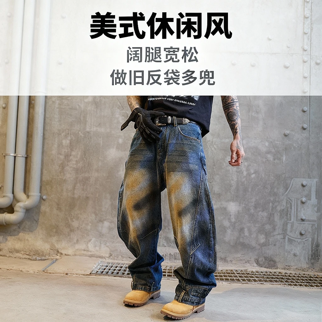 巴黎风美式做旧做脏弯刀裤男士个性反口袋多口袋阔腿宽松牛仔裤