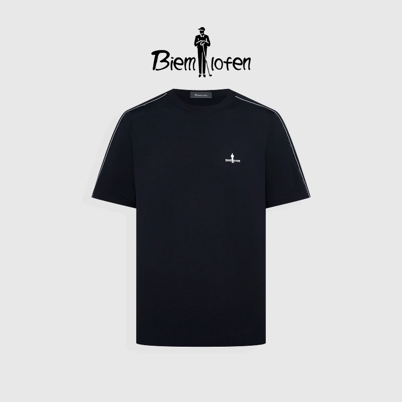 【清泉纱】比音勒芬2025春欧若风男士撞色织带拼接圆领短袖针织衫