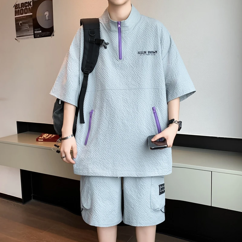 青少年运动套装男夏季新款半拉链短袖工装短裤户外速干休闲两件套