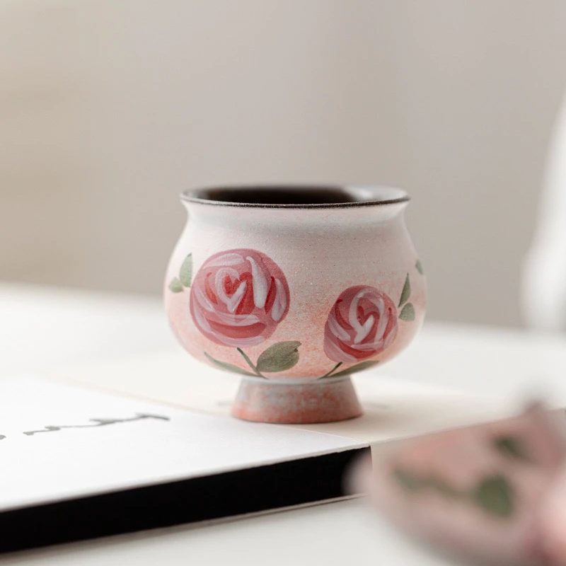 粗陶粉引手绘玫瑰花茶杯家用大号主人杯功夫茶具