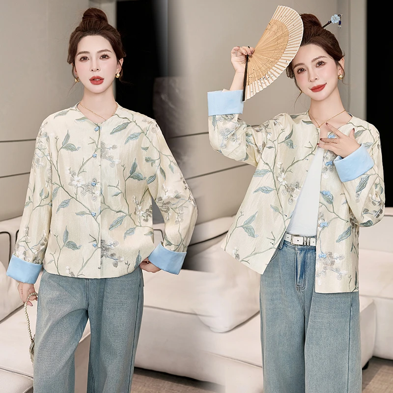 新中式国风重工刺绣长袖上衣2025春季新款宽松气质盘扣圆领外套女