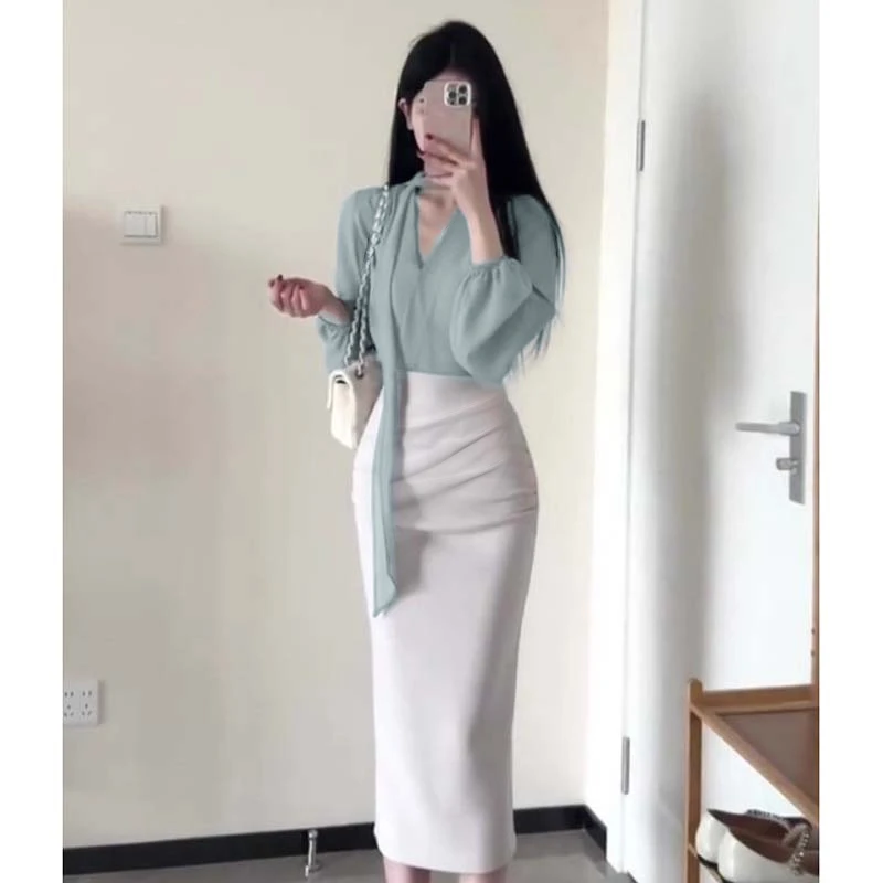 【两件套】女2025春秋装新款气质V领飘带衬衣+高腰时尚半身裙D3516