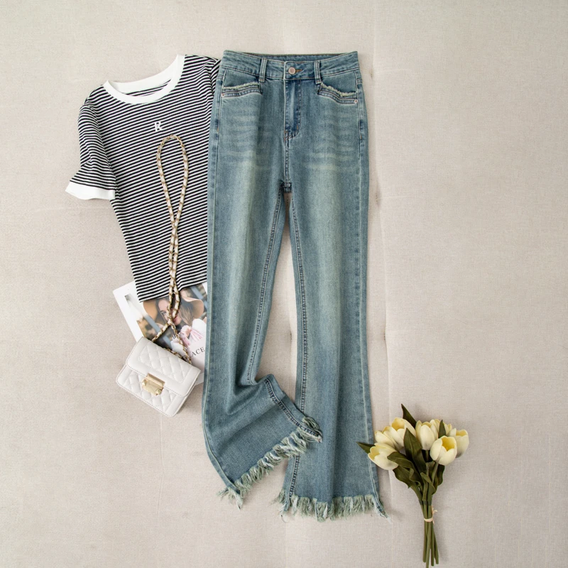 夏季微喇牛仔裤毛须设计高腰显瘦喇叭马蹄休闲裤子女100059