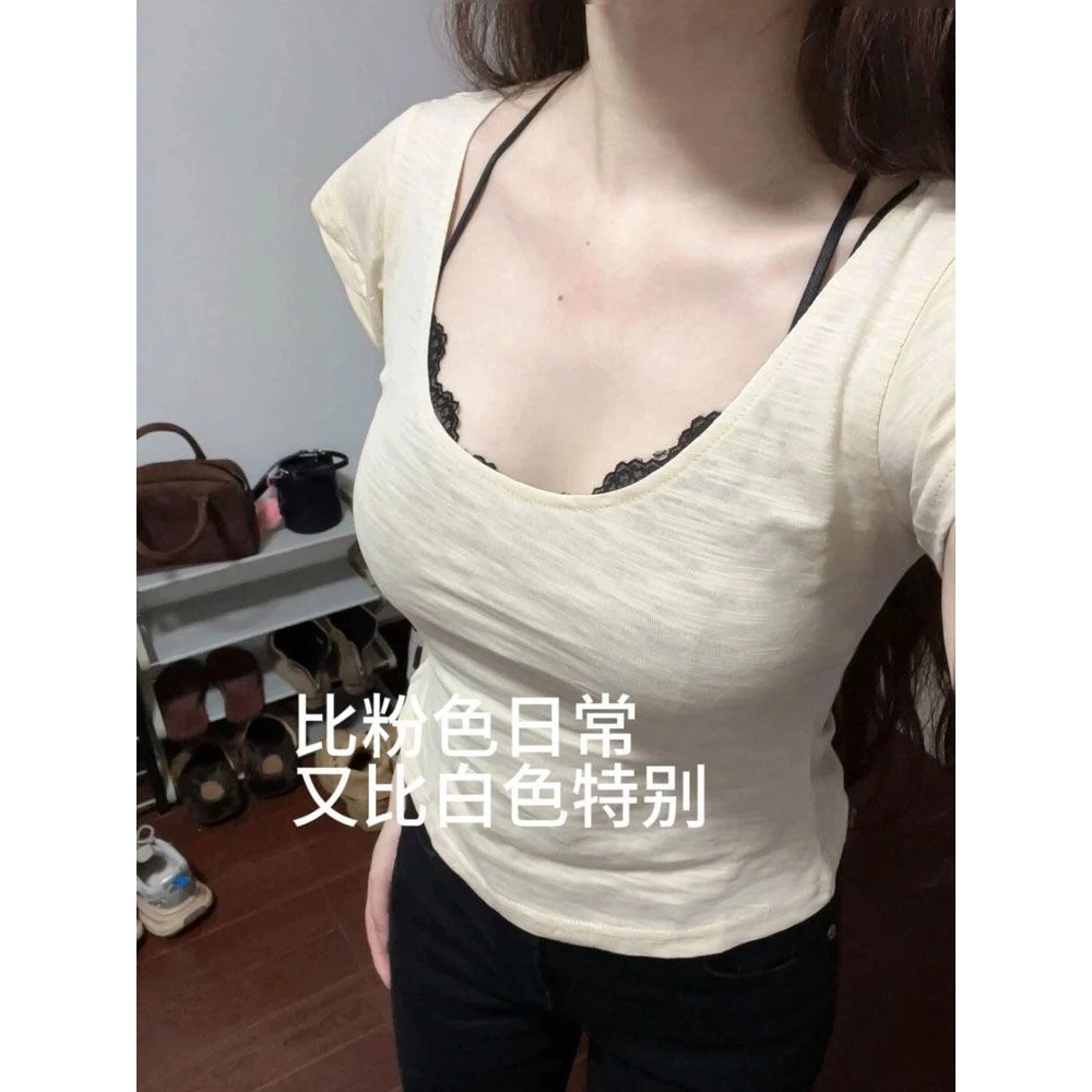 纯欲低领露锁骨短袖T恤女夏修身竹节棉凉感辣妹小个子露脐短上衣