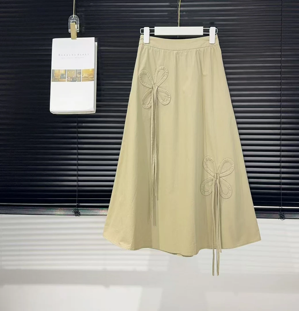 S腰68-82长75时尚百搭蝴蝶结系带高腰显瘦A字中长半身裙 1279