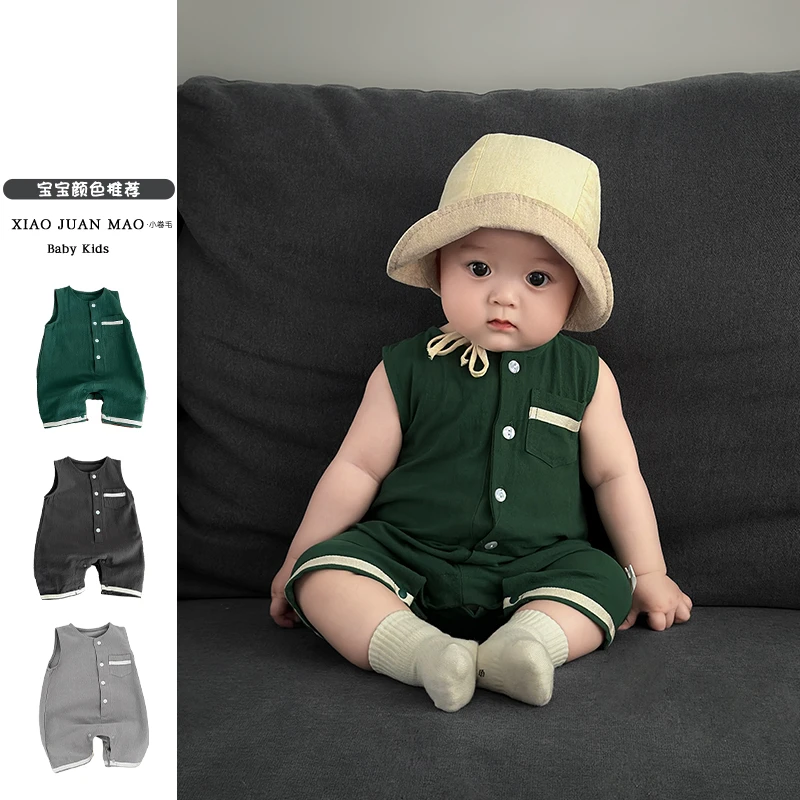 T25X88夏季韩系男童宝宝洋气百搭时尚无袖棉布套头连体短爬外出服