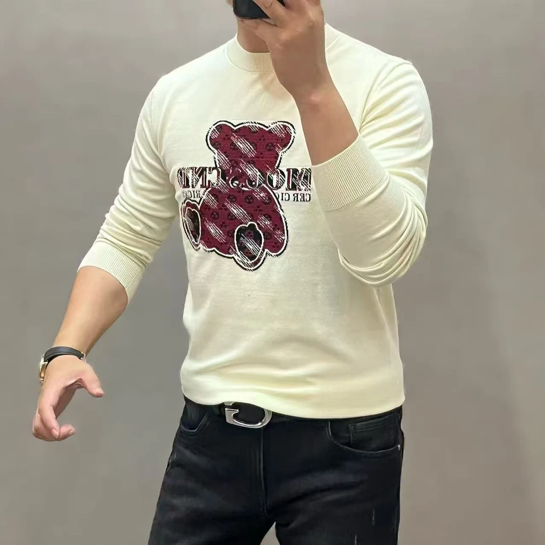 新款高端男士轻奢时尚小熊字母图案圆领长袖针织77201