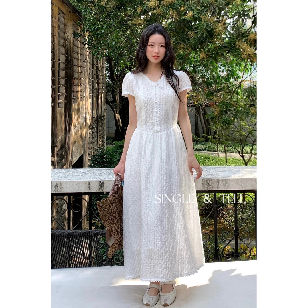 25271#韩系V领显瘦纹理感收腰百搭连衣裙