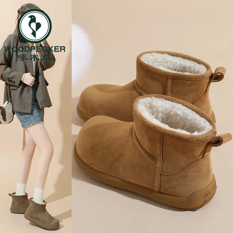 啄木鸟厚底雪地靴女2025新款秋冬季加绒加厚保暖棉鞋防滑面包短靴