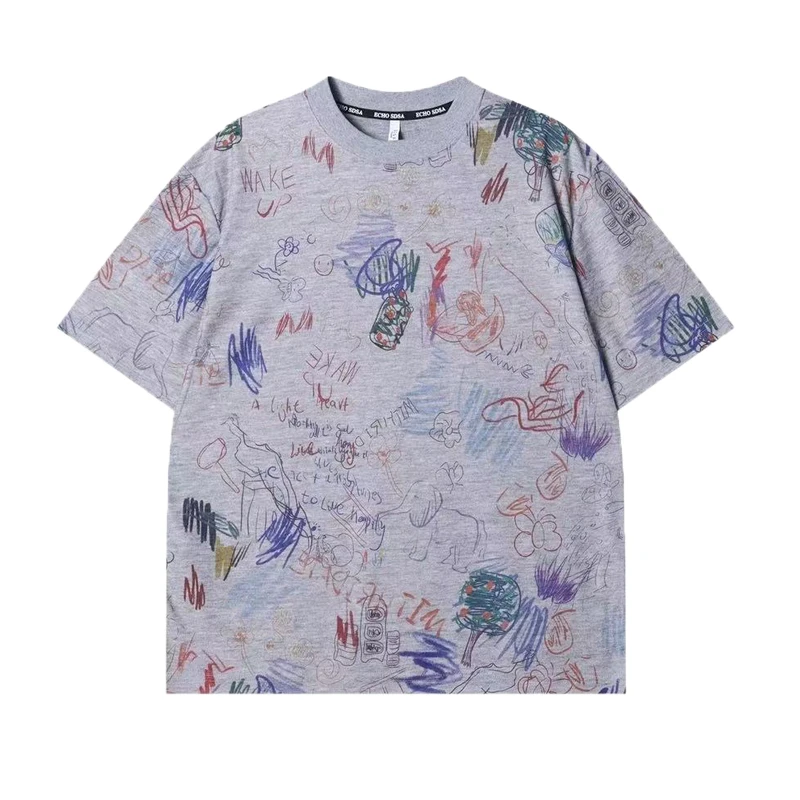 2025夏季高级感新款韩系潮牌涂鸦印花圆领短袖T恤时尚宽松上衣
