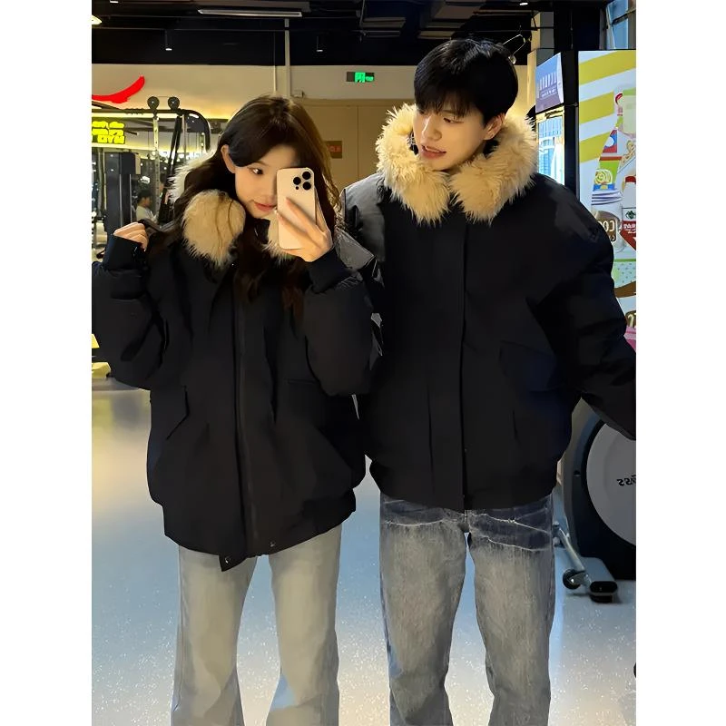 大毛领派克棉服男款冬季加厚保暖美式连帽棉衣高级感情侣棉袄外套