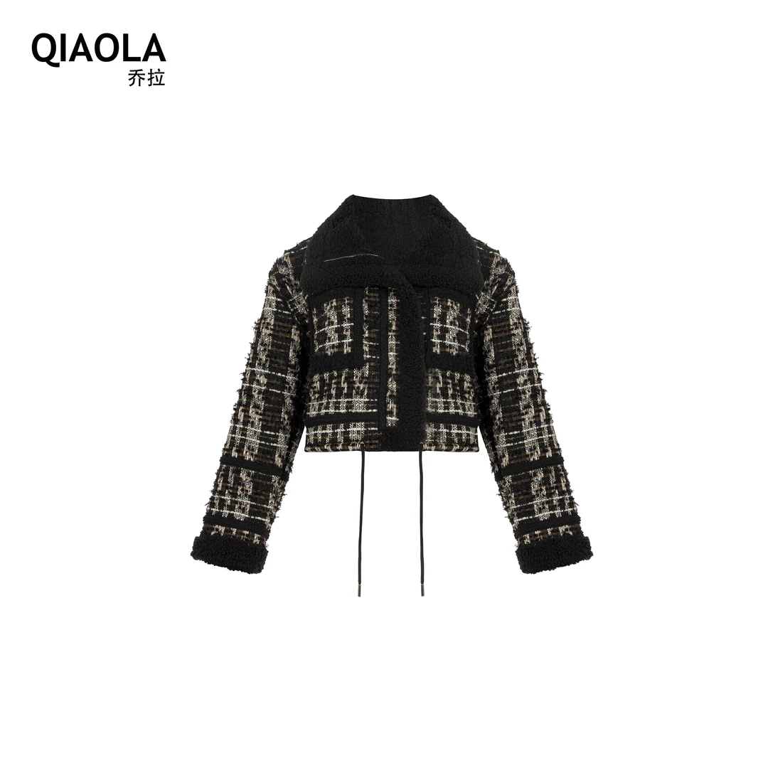 QIAOLA/乔拉【咖啡尾调】冬款仿羊羔毛拼接小香风翻领短外套预售