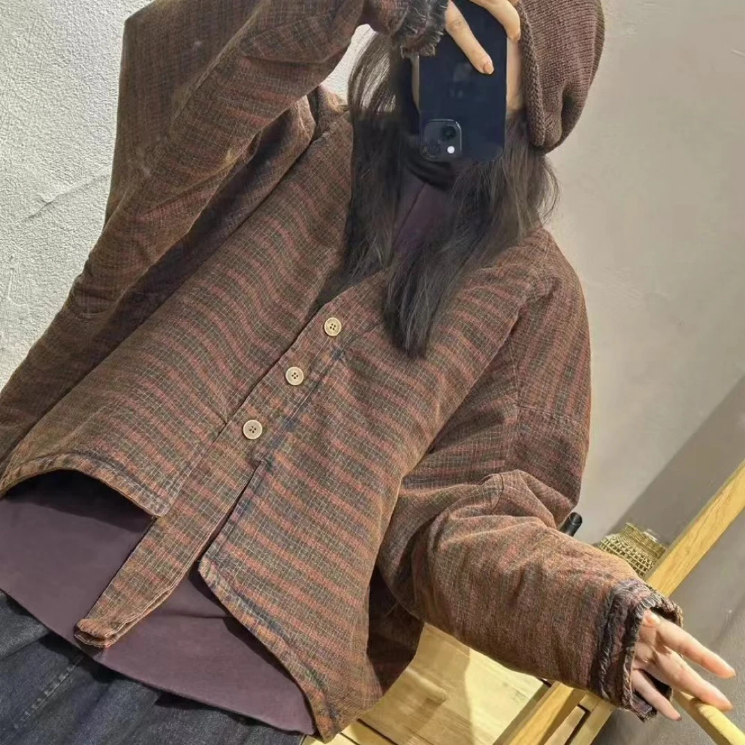 秋冬季新款复古休闲百搭做旧老布系扣蝙蝠袖棉衣女长60 胸围150