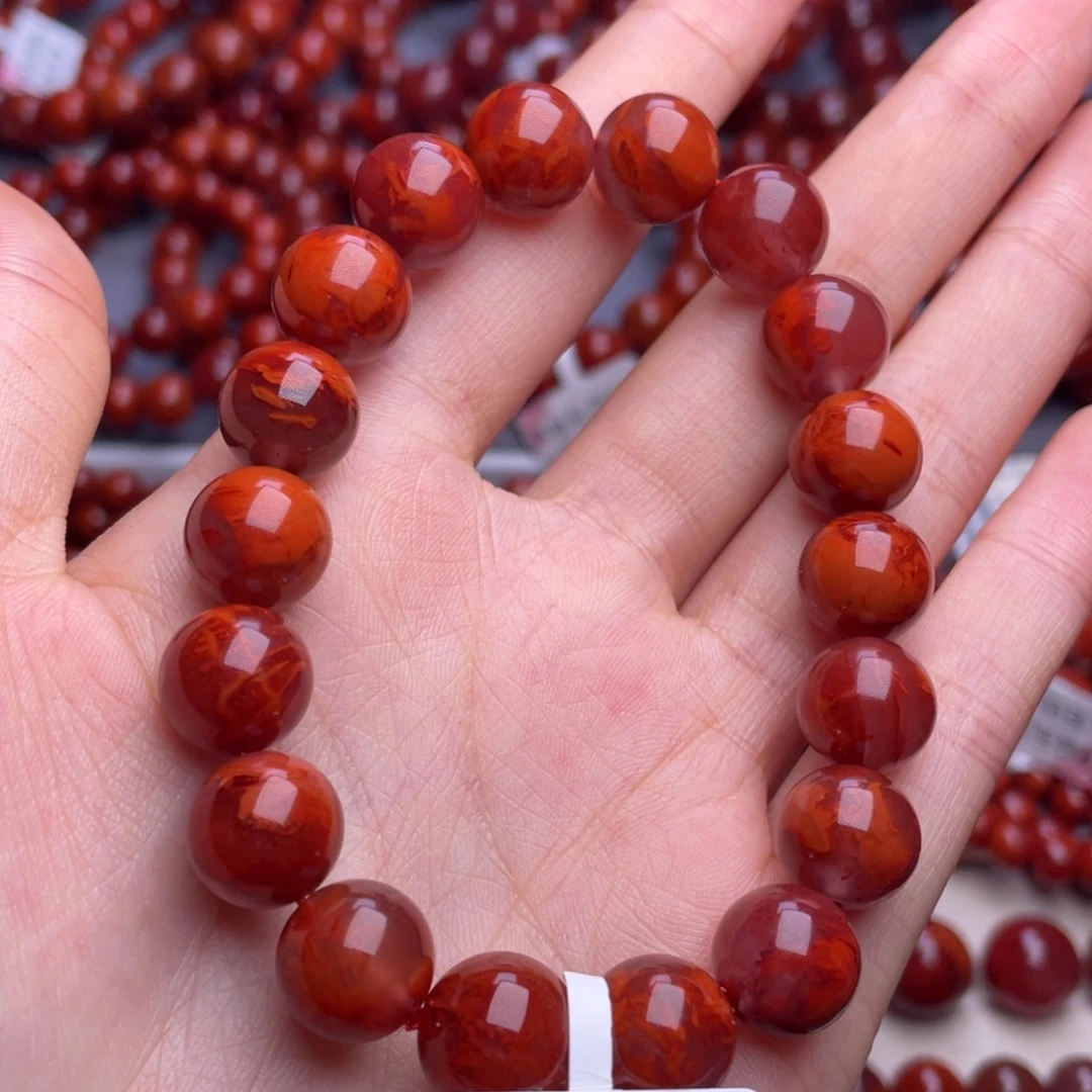 南红玛瑙未镶嵌其他11m精品瓦西牛血红火焰圆珠手串