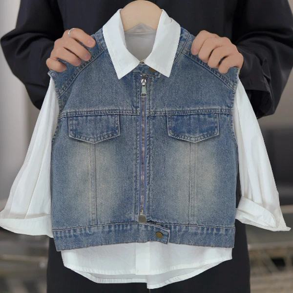 【悠悠专属】男女童春秋两件套潮流百搭牛仔百搭渐变马甲休闲潮060