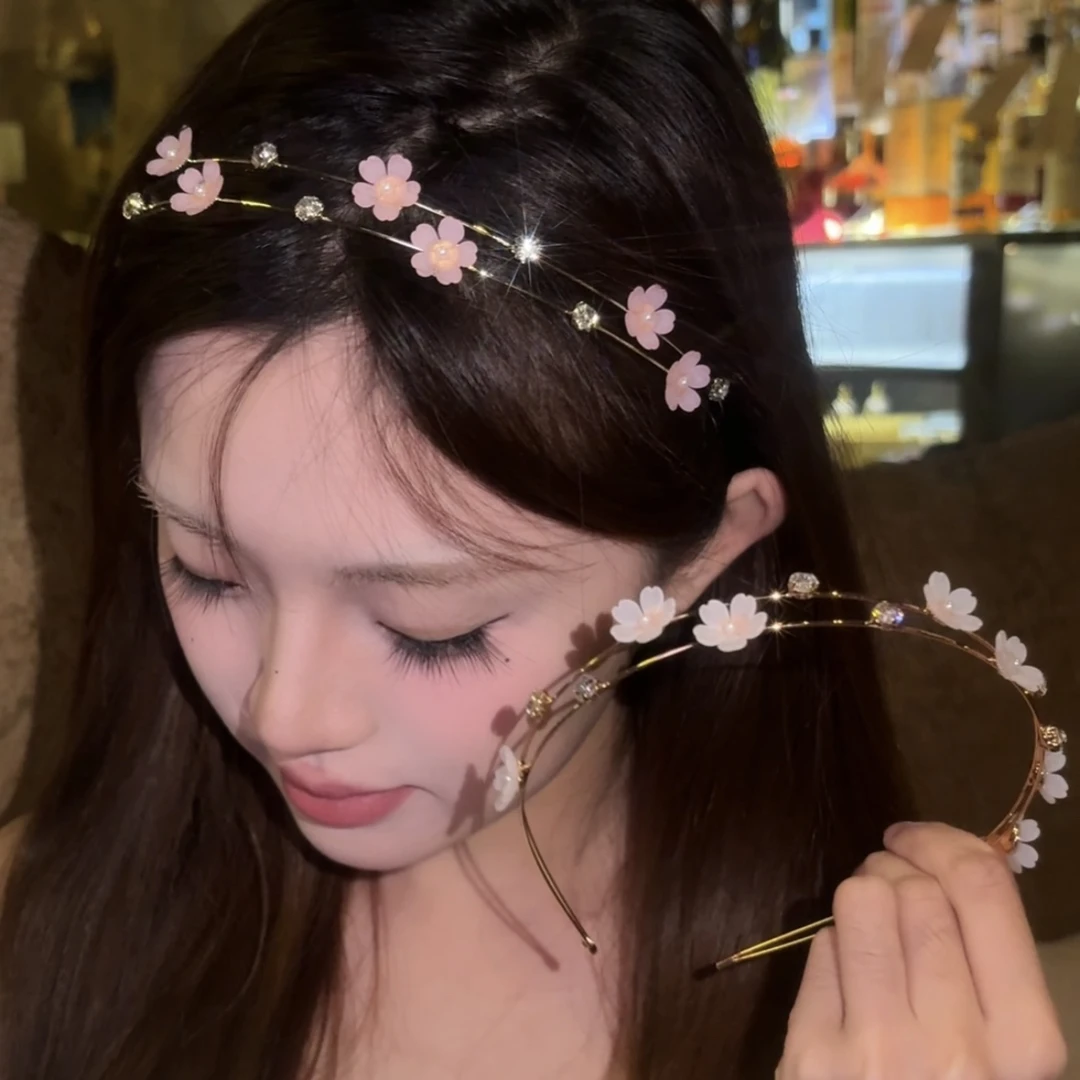 樱花甜美花朵发箍～女夏季仙女细款双层水钻头箍外出不勒发发卡