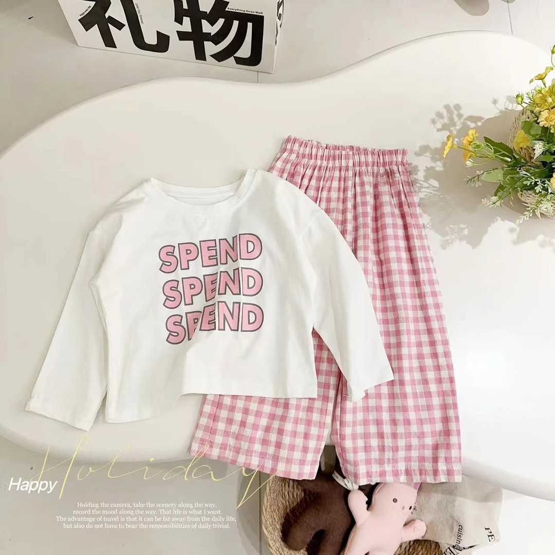 汤圆家童装2025春季新款甜美格子直筒裤百搭套装 XA-737