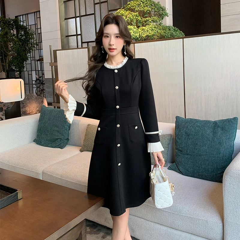 奢姿大码女装2024冬季小立领气质连衣裙胖妹妹喇叭袖设计时尚裙子