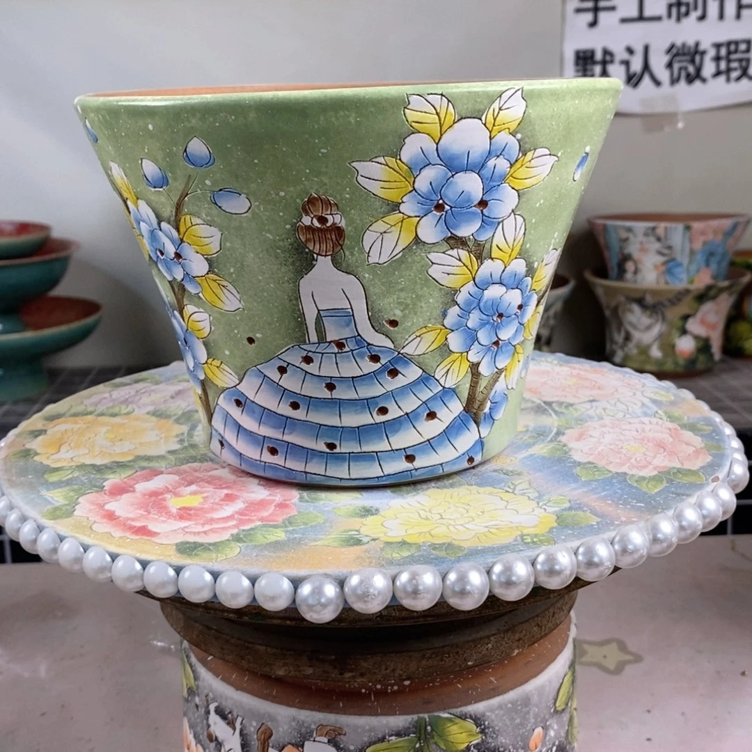 紫砂花盆炎*红陶手绘花盆