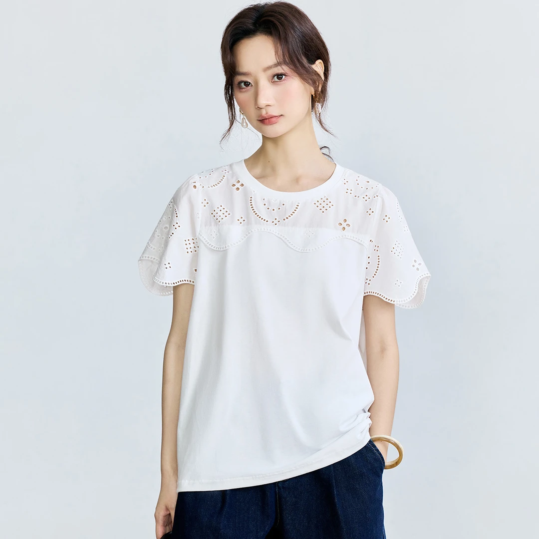 纯棉法式镂空绣花短袖白T恤2025夏季气质时尚百搭宽松上衣女