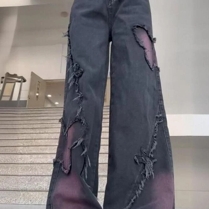 大码美式复古蝴蝶直筒拼接牛仔裤刺绣晕染设计毛边高腰宽松阔腿裤