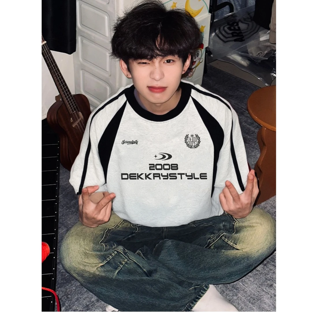 100%纯棉数字字母印花拼接短袖T恤男女夏潮牌宽松三条杠上衣