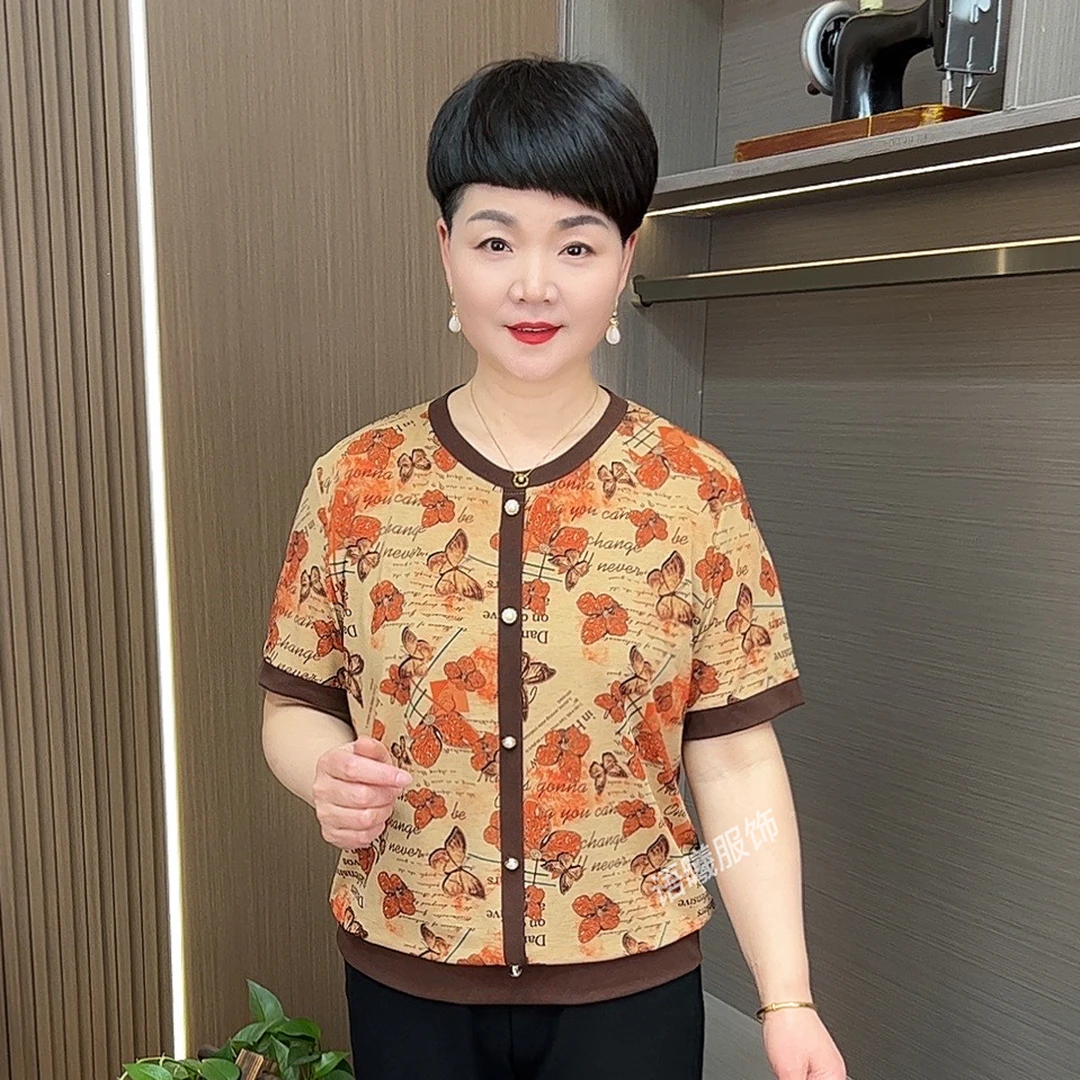 2025夏季夏装时尚洋气休闲百搭圆领短款短袖上衣妈妈装F128中年