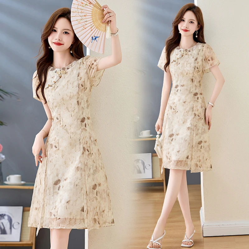 新中式国风改良旗袍印花连衣裙女2025夏季新款复古盘扣中长款裙子