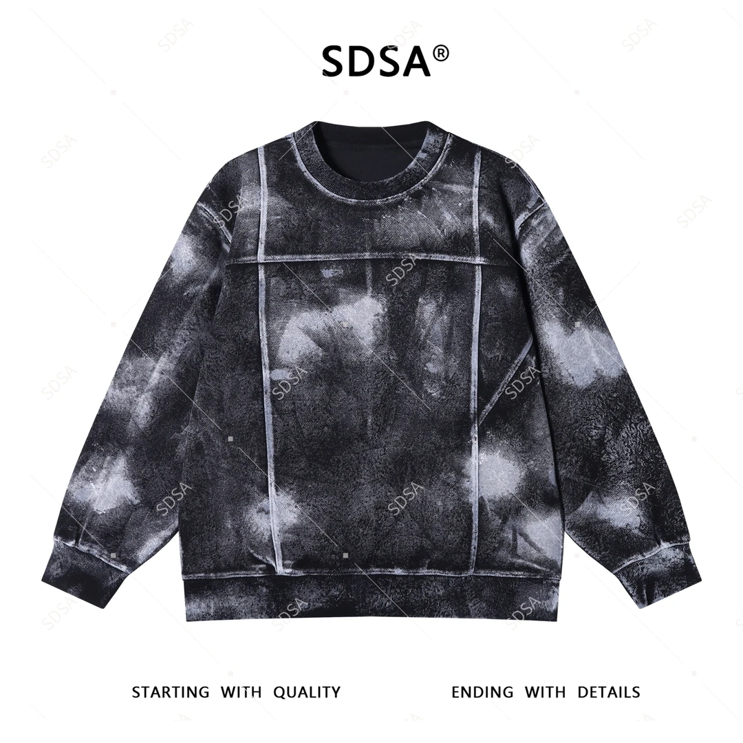 SDSA秋季新款男士痞帅简约做旧印花设计圆领卫衣套头休闲时尚潮流