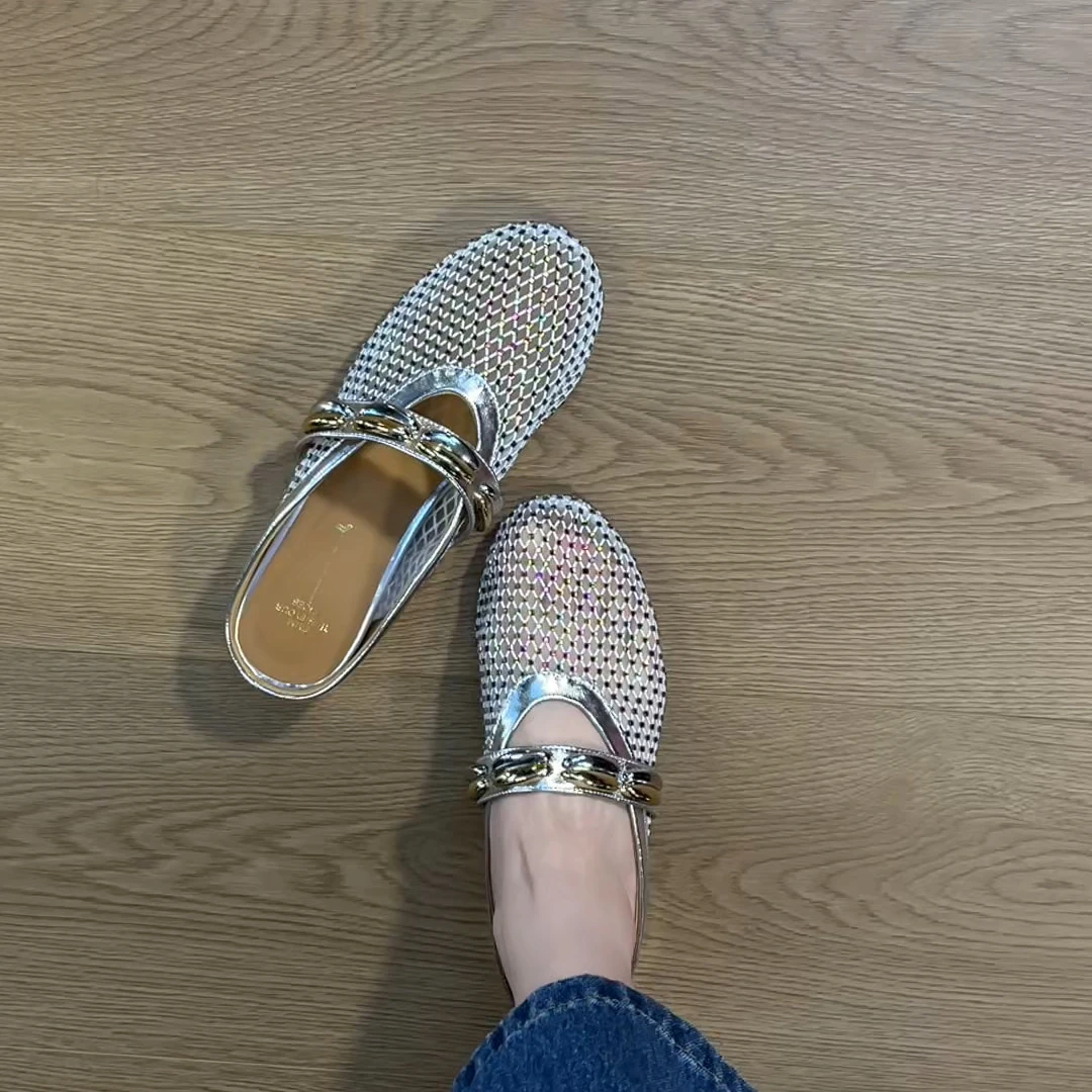 拖鞋包头半托网子加钻拖鞋新款镂空粗跟圆头拖鞋百搭时尚气质女款
