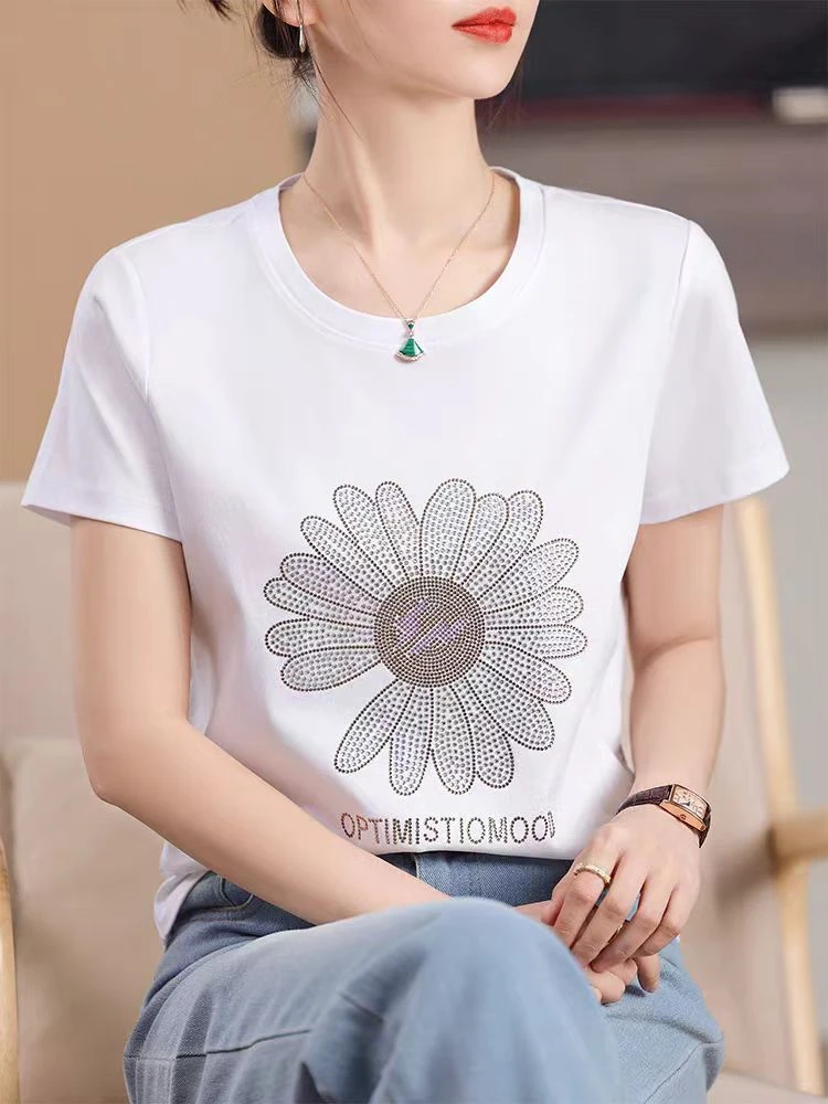 116#夏季新款太阳花烫钻短袖T恤