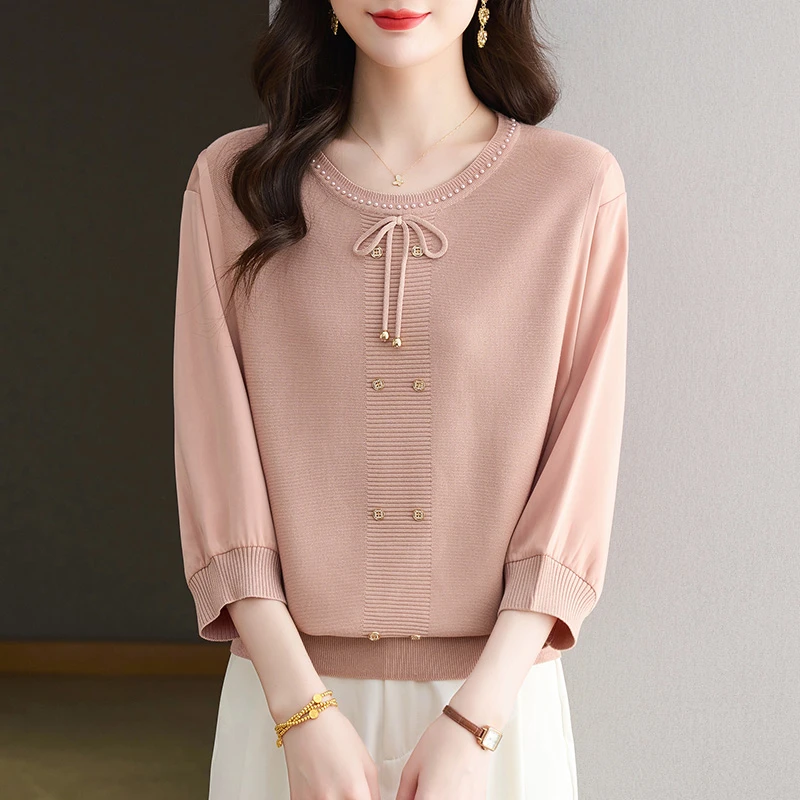 中年妈妈夏装2025新款中袖t恤女士七分袖上衣高端春夏针织打底衫