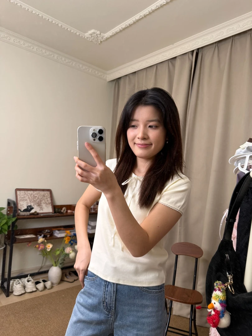 蝴蝶结绑带设计感圆领T恤短袖