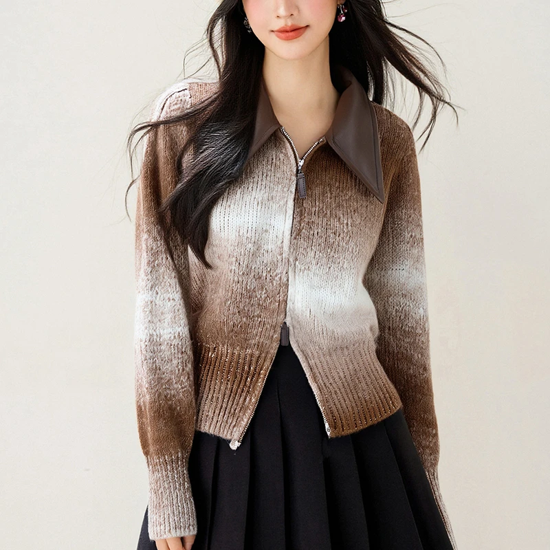 渐变色翻领双拉链针织开衫女2025年秋冬季新款高级感毛衣上短款衣