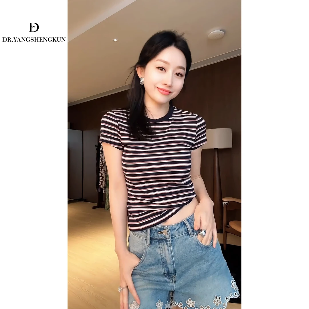 DR杨圣坤2025夏季女士新品经典条纹撞色休闲百搭短袖T恤L2552301